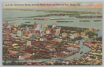 #ad Linen Skyview Of Downtown Miami amp; River Biscayne Bay Boats amp; Bridges Vintage PC $2.80