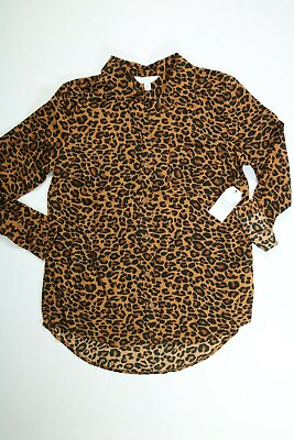 #ad Womens Time And Tru Leopard Print Roll Cuff Button Front Shirt NEW NWT $11.99