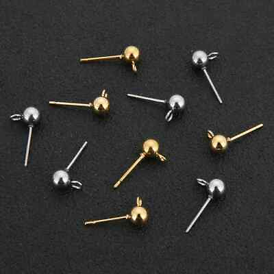 #ad 50pcs Stainless Steel 4mm Round Ball Earrings Stud Posts with Loop $8.90