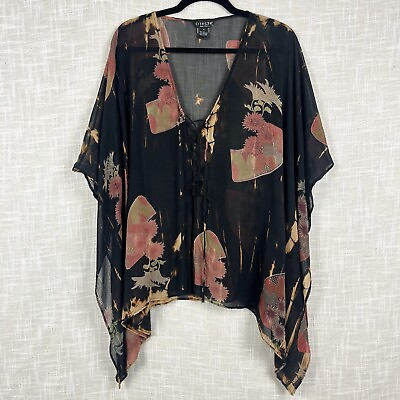 #ad Citron Santa Monica Silk Chiffon Black Floral Lace Up Kimono Blouse Top Large $48.00