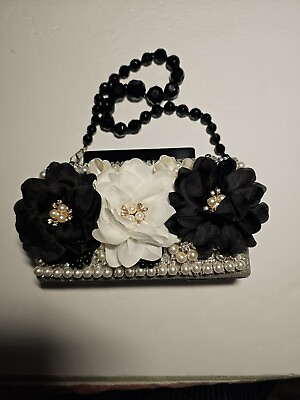#ad Handbag Purse Silver Black Flowers Faux Pearls Wedding Bridal One Of A Kind $50.00