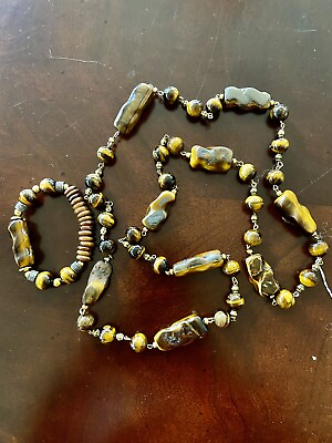 #ad Genuine Tiger Eye Long 38” Necklace and Stretchy Bracelet $50.00