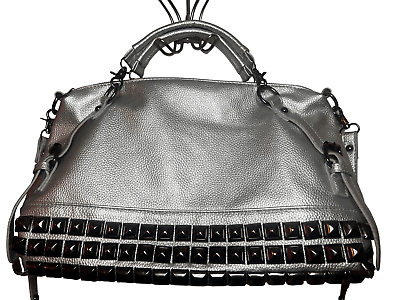 #ad Silver Studded Faux Pebbled Leather Satchel Shoulder Bag $20.00