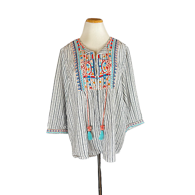 #ad J. Jill PL Embroidered Striped Jacket Hook and Tassel Tie Front Love Linen $25.19