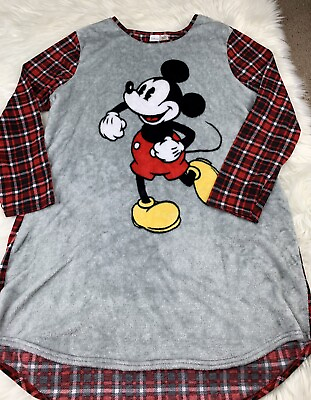 #ad DISNEY 2X Mickey Mouse Women#x27;s Sleep Tunic Shirttail PJ Pajama Red Plaid Hi Lo $22.18