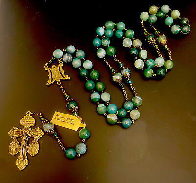 #ad Semi Precious Green Stripe Agate 10mm Stone 28” Rosary Pardon Crucifix With Tag $79.99