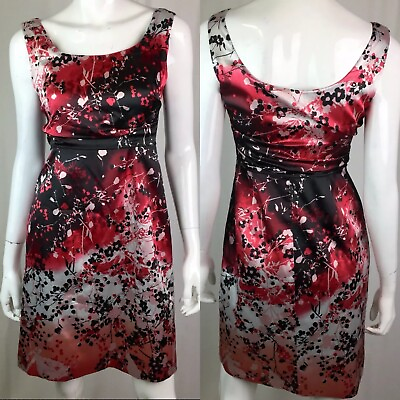 #ad $168 T Tahari Women#x27;s 4 Red Black Satin Floral Sheath Dress Tank Work $26.60