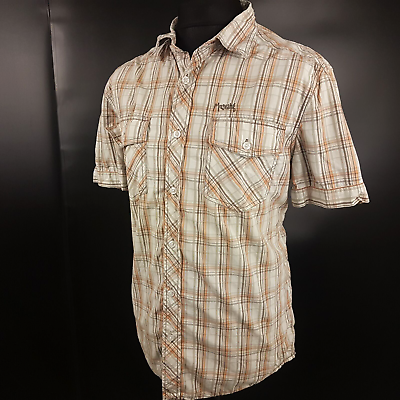 #ad MUSTANG Short Sleeve Shirt XL Fits SLIM XL or Large Mens Beige Striped Plaid GBP 9.99