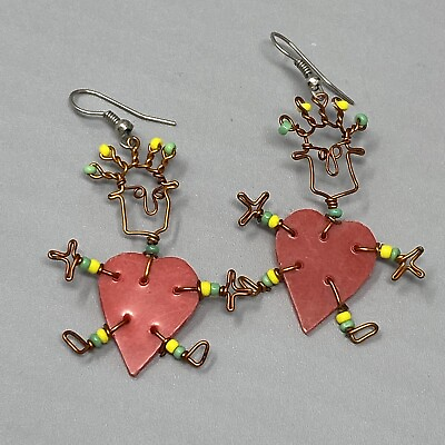 #ad Heart Earrings Metal Wire People Figure Red Body Seed Valentines Love Funky 2.25 $14.45