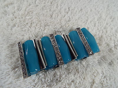 #ad Silvertone Blue Acrylic Bead Rhinestone Bar Bracelet A15 $6.91