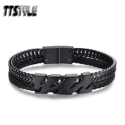 #ad TTStyle Black Leather Mixed S.Steel Chain Print Buckle Wristband NEW AU $34.99