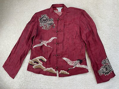 #ad Citron Santa Monica Shirt Women XS Floral Cranes Linen Button Front Kimono Sheer $59.49