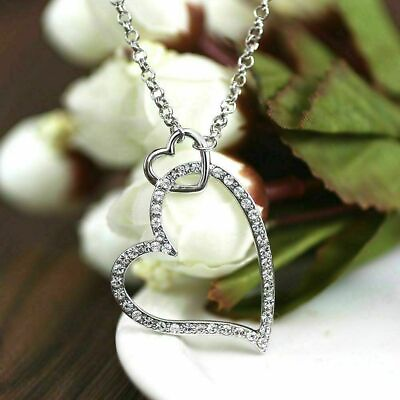 #ad 1 Ct Round Simulated Diamond Valentine Double Heart Pendant 925 Sterling Silver $129.99