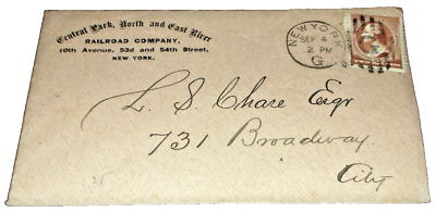 #ad 1884 CENTRAL PARK NORTH amp; EAST RIVER RAILROAD USED ENVELOPE NEW YORK CITY $50.00