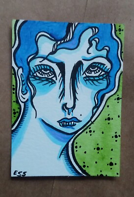 #ad ESS22 ACEO Paper Bag Sale emotive girl art ink amp; acrylic painting on paper ESS22 $13.99