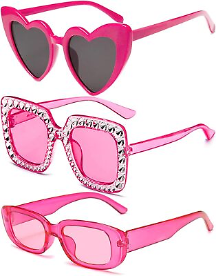 #ad Pibupibu 3 Pack Heart Rectangle Crystal Oversized Sunglasses for Women Men Tren $14.90