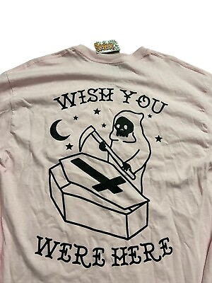 #ad NEW Spencer#x27;s Wish You Were Here T Shirt Sz L Pink Long Sleeve Crew Neck Ripper $19.99