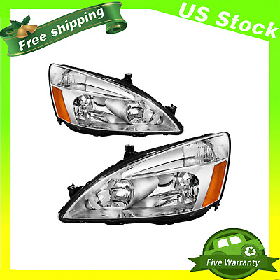 #ad Pair Left Right Headlights Assembly For Honda Accord 2003 2007 Chrome Housing $76.99