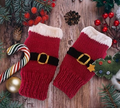 #ad Xmas Holiday Santa Handmade Knitted Texting Gloves Women Men Gift Red Glitter C $34.00
