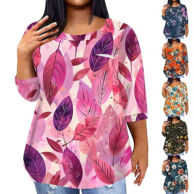 #ad Womens Tops Casual Three Quarter Sleeve Printed Round Neck 4 3 Sleeve L 5XL $16.99