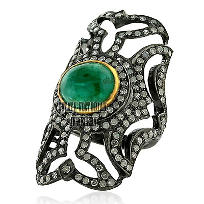 #ad Gorgeous 3.85Ctw Rose Cut Diamond Emerald Studded Silver Victorian Ring Jewelry $611.04