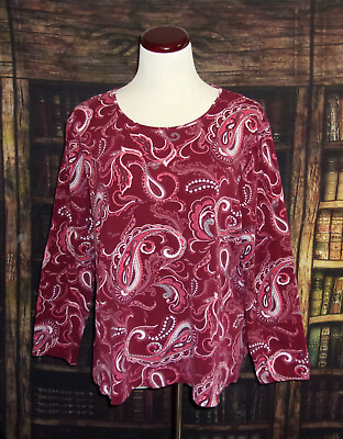 #ad Croft amp; Barrow Classic Tee Top 1X Red Paisley Womens Round Neck Long Sleeve $12.99