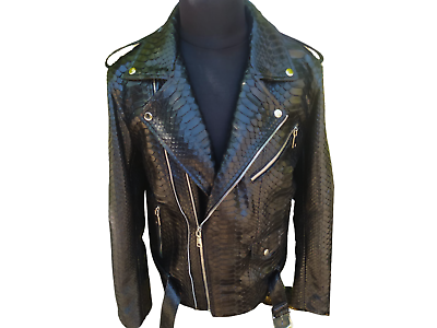 #ad Black Motorcycle Leather Jacket Real Python Snake Skin with Glossy Finishing $850.00