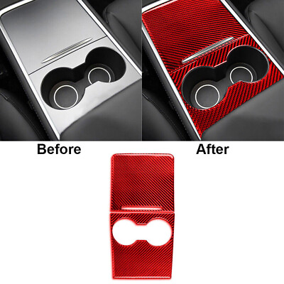 #ad For Tesla Model Y 3 Red Carbon Fiber Center Console Cupholder Cover Trim Type B $21.07