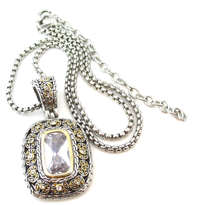 #ad Bold Clear Crystal Glass Pendant Necklace Silver Tone Gold Accents 578 $14.24