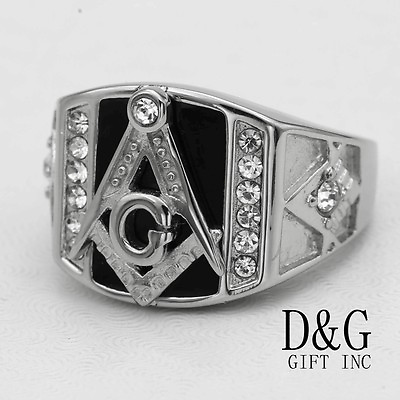 #ad DG Mens Stainless Steel Masonic CZ Onyx BlackRings Size 8 13 High Polish Box $15.99