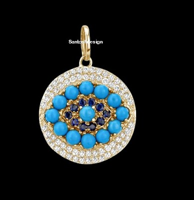 #ad Beautiful Disc Evil Eye Diamond Turquiose Blue Sapphire Silver Charm Pendant $139.72