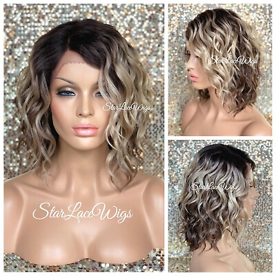 #ad Lace Front Wig Bob Wavy Ash Blonde Ombre Brown Synthetic Side Part Heat Ok $54.78