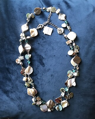 #ad NWT Lia Sophia OCEAN AIR Necklace Abalone Mother of Pearl Shells 43 46” Silver $30.00