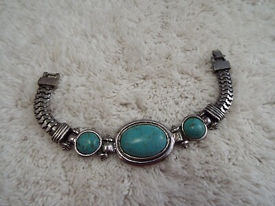 #ad Silvertone Blue Turquoise Stone Bracelet J10 $11.98