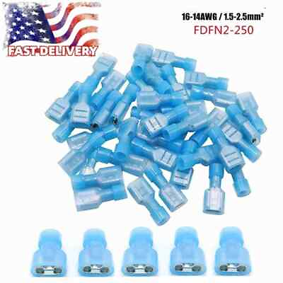 #ad 200 50PCS Blue Female Insulated Wire Spade Terminals Crimp Connectors AWG 16 14 $6.64