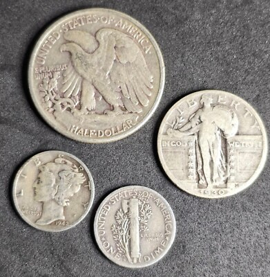 #ad Lot Of 4 Silver Coins Walking Liberty Standing Libery Mercury Dimes $31.97