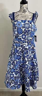 #ad Tahari ASL Dress Women 14 Blue Floral Cotton Peek a Boo Back Stretch Lined $45.00