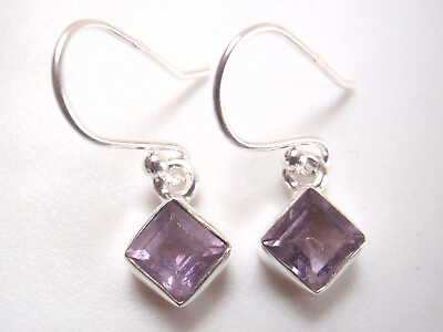 #ad Very Small Faceted Amethyst Square 925 Sterling Silver Dangle Earrings $12.99