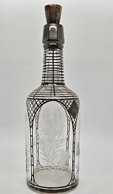 #ad Antique Victorian Sterling Overlay Glass Decanter with Etched Scottish Thistles $174.99