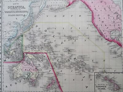 #ad Oceania Australia New Zealand Polynesia Hawaii Fiji Galapagos 1872 Mitchell map $54.00