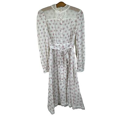 #ad 70s Prairie Dress Floral Lace Trim Midi Long Sleeve Button Front Juniors 9 $81.22