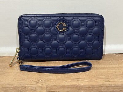 #ad NEW C. Wonder Nappa Navy Blue Leather Geo Quilted Zip Wristlet Wallet $14.00
