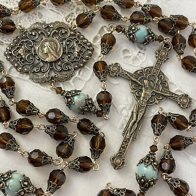 #ad Rosary Smoky Topaz Crystals Large Ornate Solid Bronze Crucifix Aqua Terra $289.00