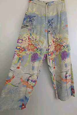 #ad Citron Santa Monica Silk Pants Crop Wide Leg S Asian Art Print Floral Washable $66.75