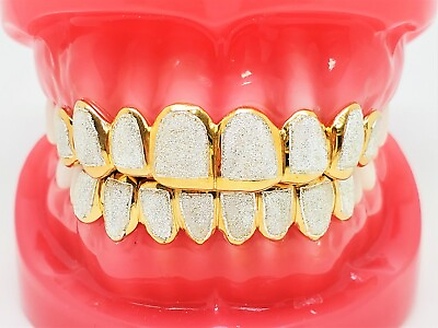 #ad Silver W 18K Yellow Gold Plated Two Tone Diamond Dust Cut Custom Fit Grillz $225.00