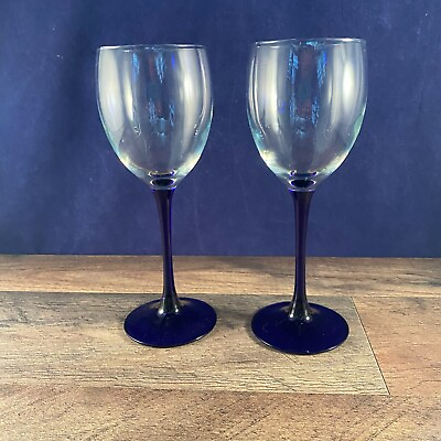 #ad Vtg Retro Crystal Luminarc France 2 Sapphire Long Stemmed 8” Wine Water Glasses $19.95