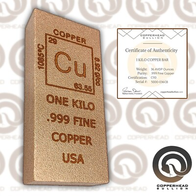#ad One Kilo 2.25 lb Element Copper Bar 36 oz .999 Fine Bullion Elemental Ingot 1 $34.99