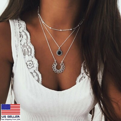 #ad Women Fashion Jewelry Multilayer Boho Silver Chain Necklace Retro Lotus Pendant $5.99