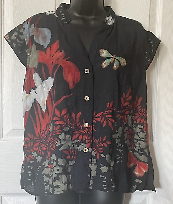 #ad Citron Santa Monica Women Medium Black Floral Tropical Batik Print Bamboo Blend $34.98