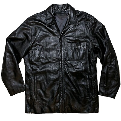 #ad Kenneth Cole New York Genuine Leather Jacket Coat Mens S Black Full Zip $29.99